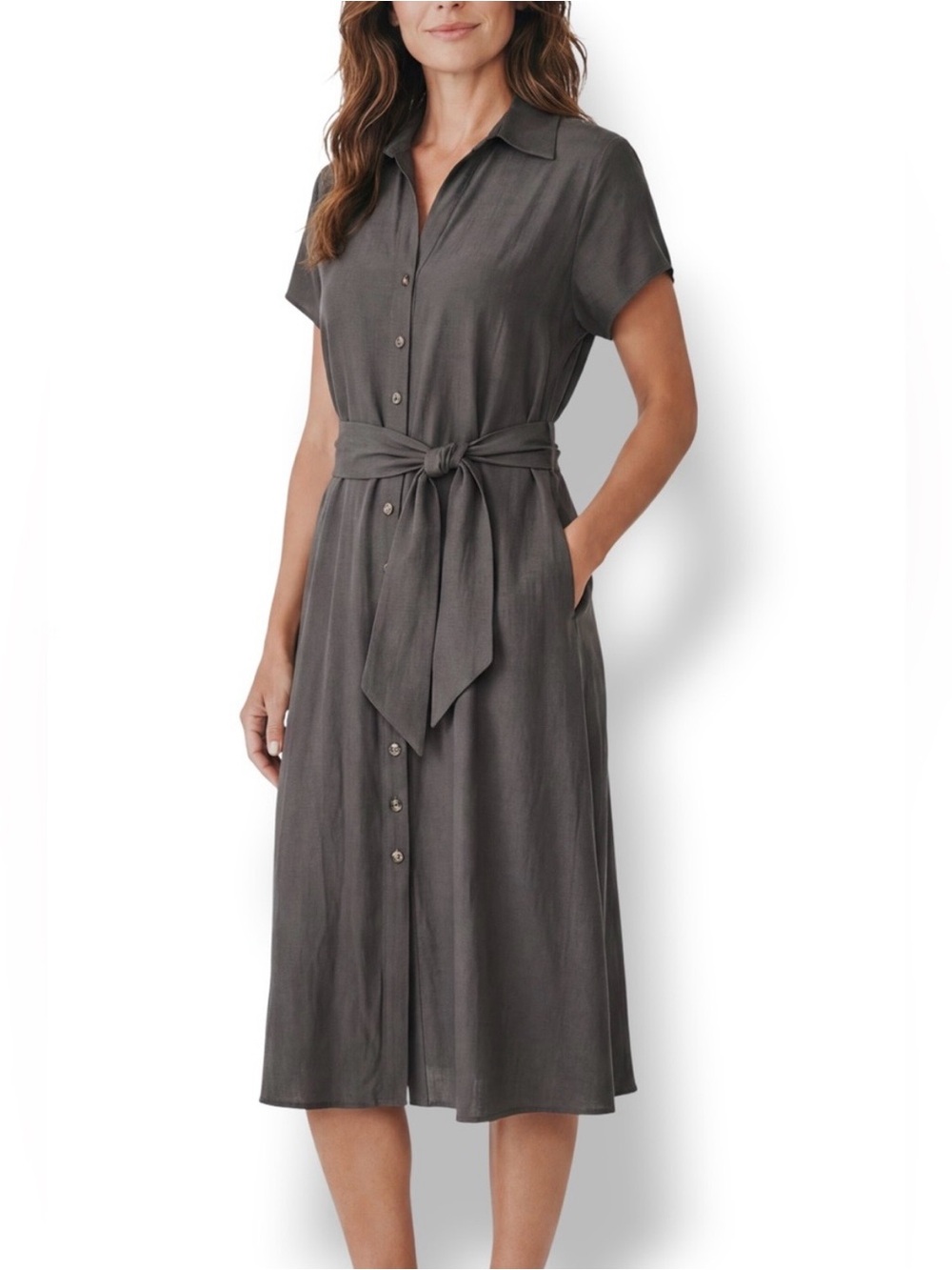 Jones New York Collection Silk Linen Shirt Dress Belted Midi Size 10